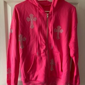 SHEIN Pink Zip Up Hoodie w/ Rhinestone Cross Design